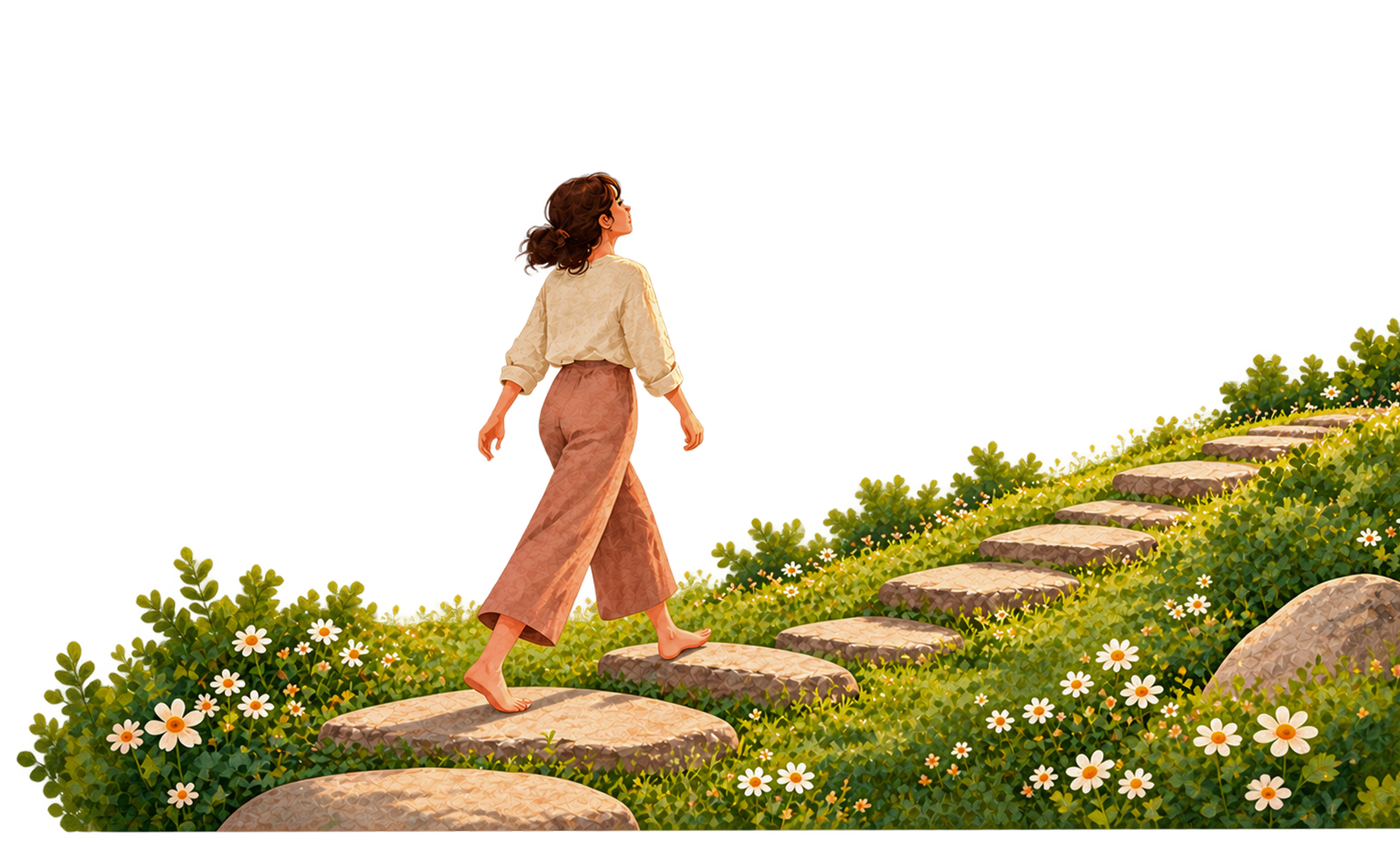 A woman walking along a garden path